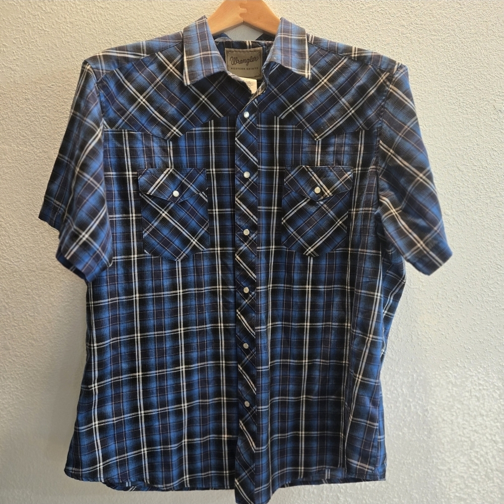 Wrangler Men's Casual Blue Pearl Snap Short Sleeve Collared‎ Button Down Xl